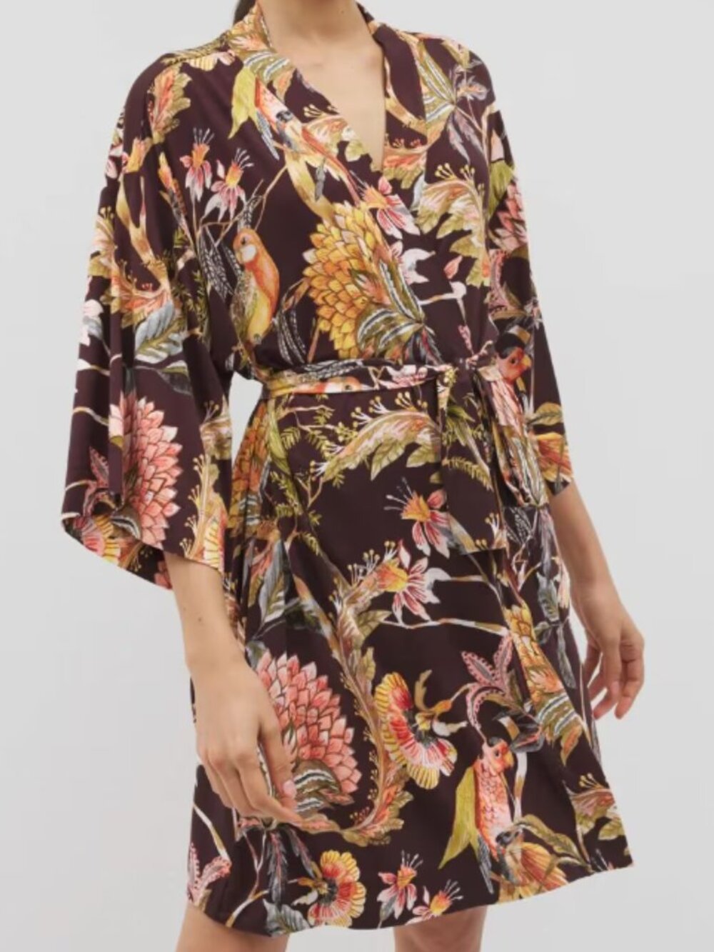 Soma "Cool Nights" Chocolate Brown Tropical Print Kimono Robe L/XL